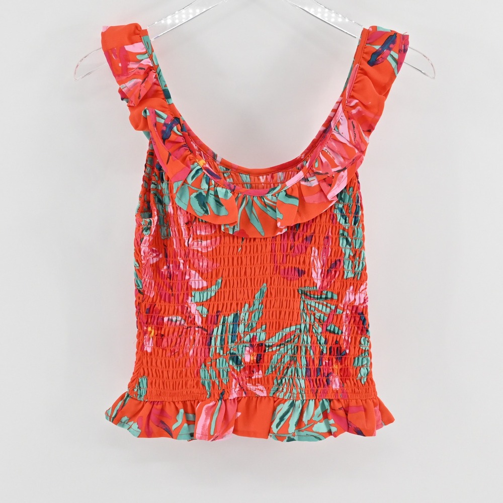 Sugar Lips Floral Smocked Ruffle Top Size S Tropical Vacation Sleeveless Orange - Picture 3 of 13